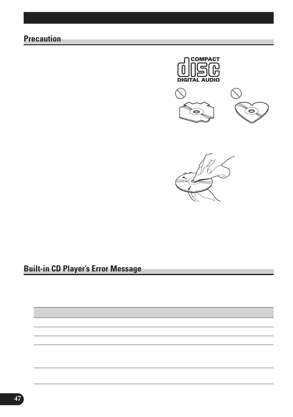 Cd player and care, Precaution, Built-in cd player’s error message | Pioneer DEH-P4100R User Manual | Page 48 / 100