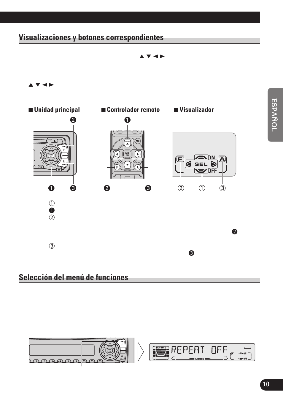 Visualizaciones y botones correspondientes, Selección del menú de funciones | Pioneer DEH-P4100R User Manual | Page 59 / 100