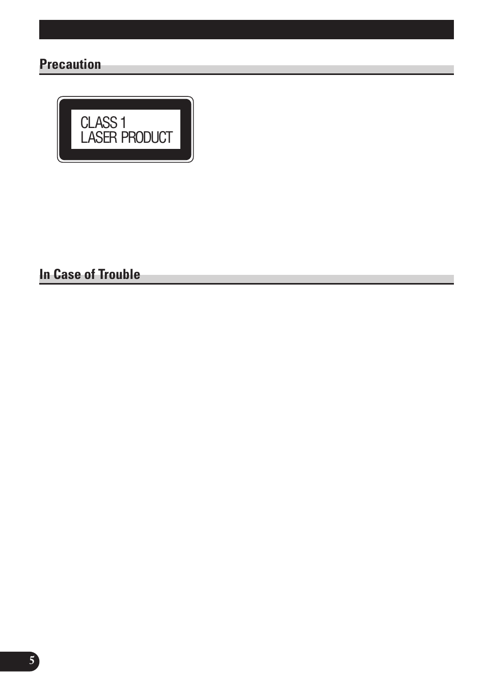Precaution, In case of trouble, Before using this product | Class 1 laser product | Pioneer DEH-P4100R User Manual | Page 6 / 100
