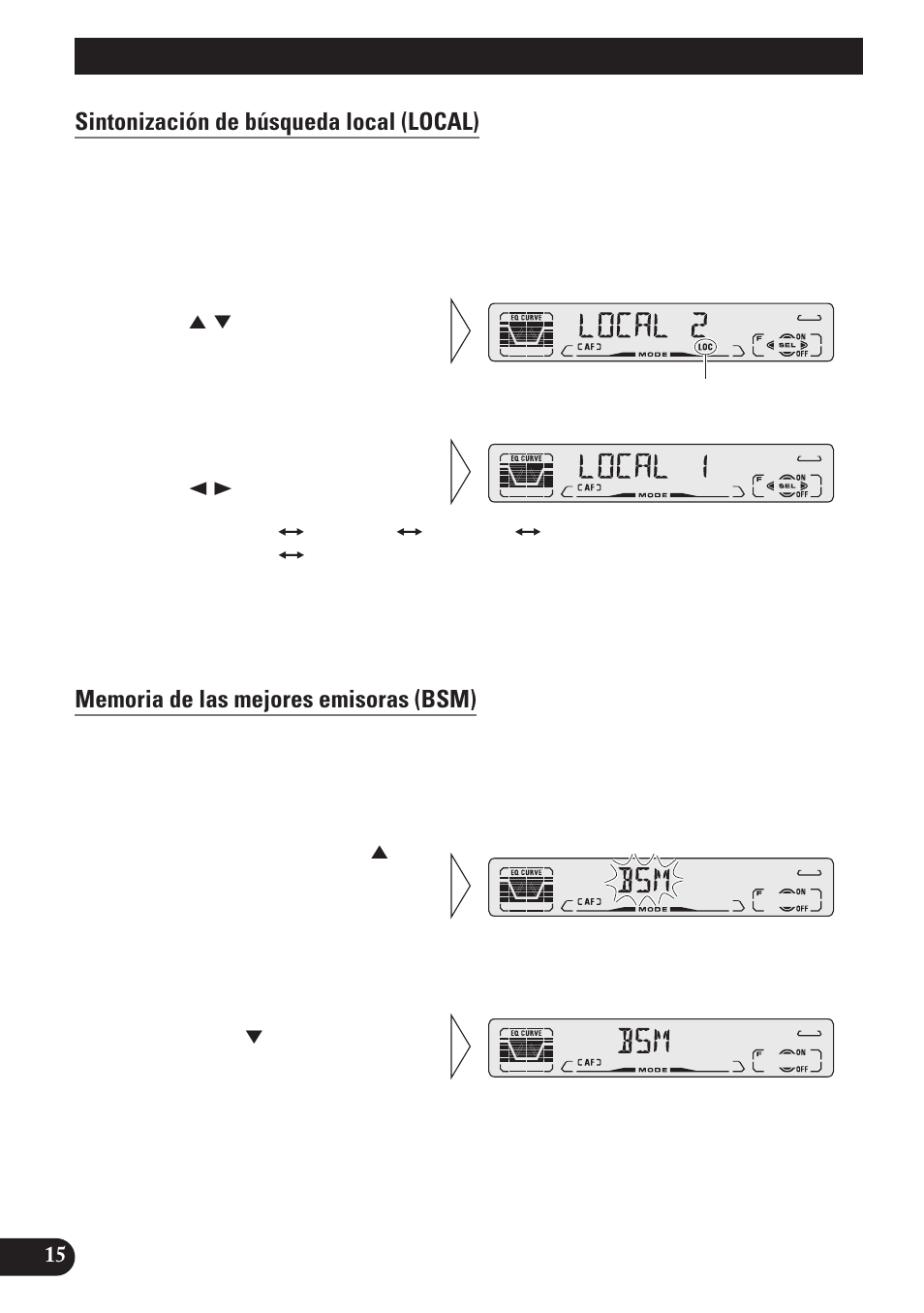 Operación del sintonizador, Sintonización de búsqueda local (local), Memoria de las mejores emisoras (bsm) | Pioneer DEH-P4100R User Manual | Page 64 / 100