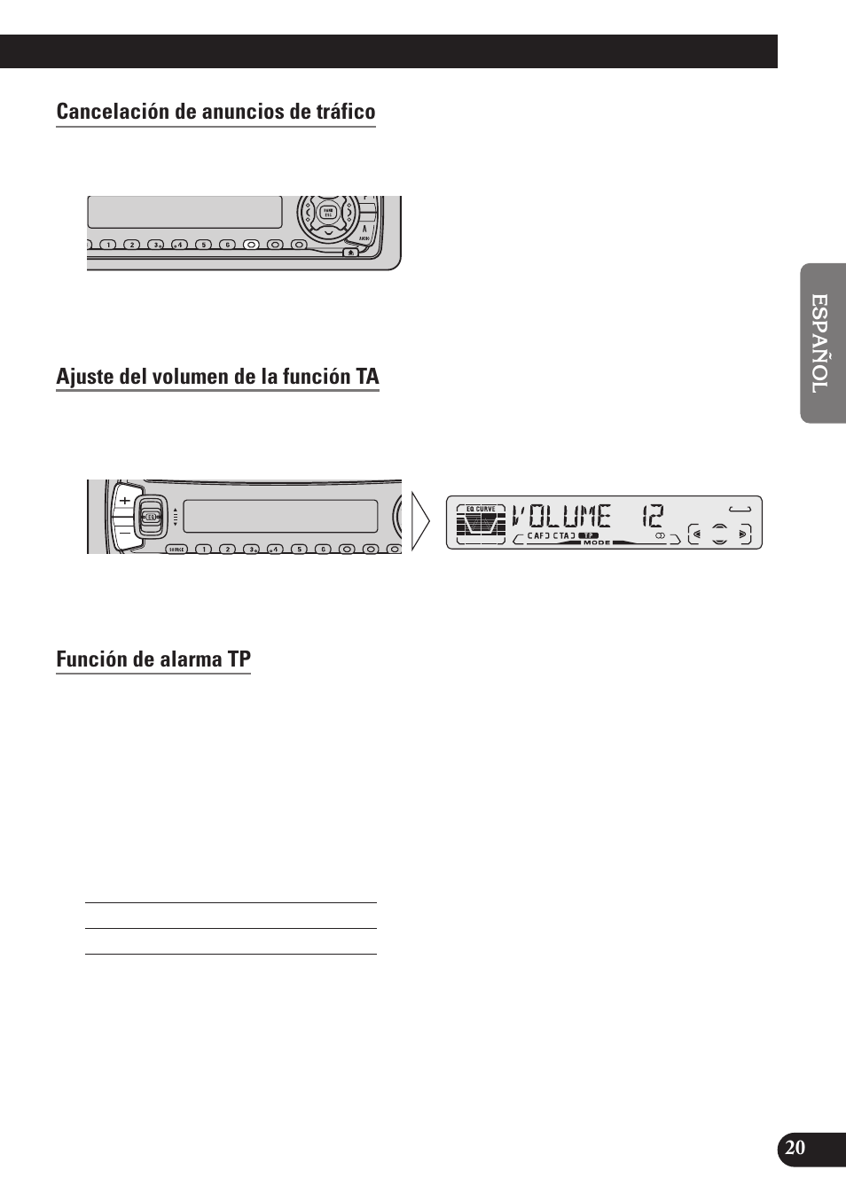 Cancelación de anuncios de tráfico, Ajuste del volumen de la función ta, Función de alarma tp | Pioneer DEH-P4100R User Manual | Page 69 / 100