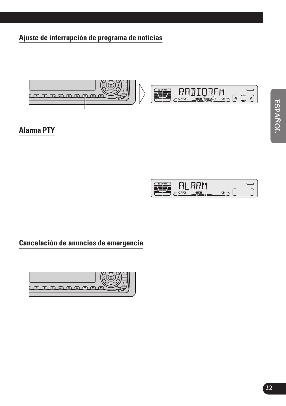 Ajuste de interrupción de programa de noticias, Alarma pty, Cancelación de anuncios de emergencia | Pioneer DEH-P4100R User Manual | Page 71 / 100