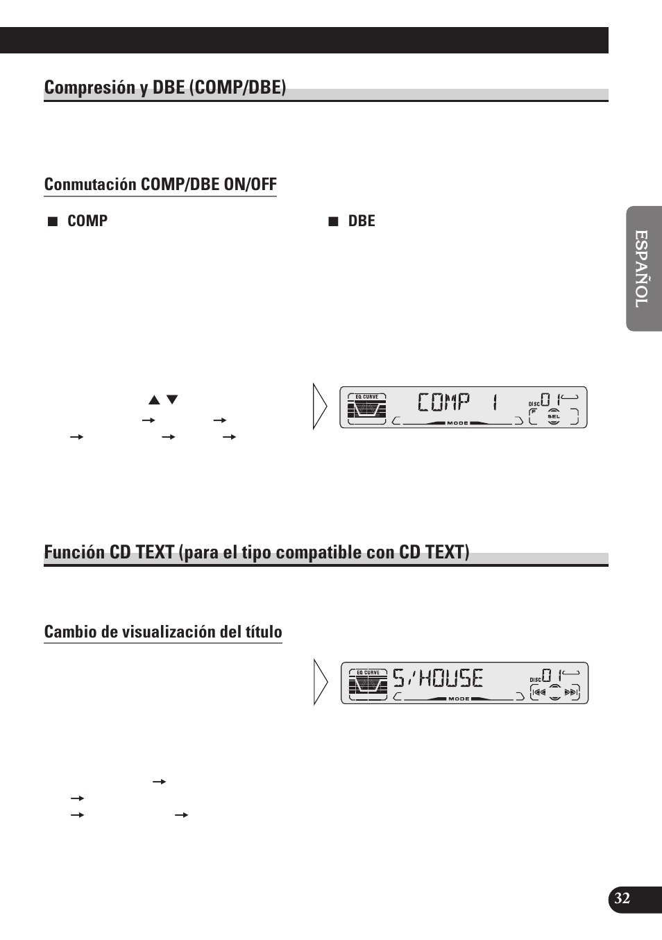 Compresión y dbe (comp/dbe), Conmutación comp/dbe on/off, Función cd text (para el tipo compatible | Con cd text), Cambio de visualización del título | Pioneer DEH-P4100R User Manual | Page 81 / 100