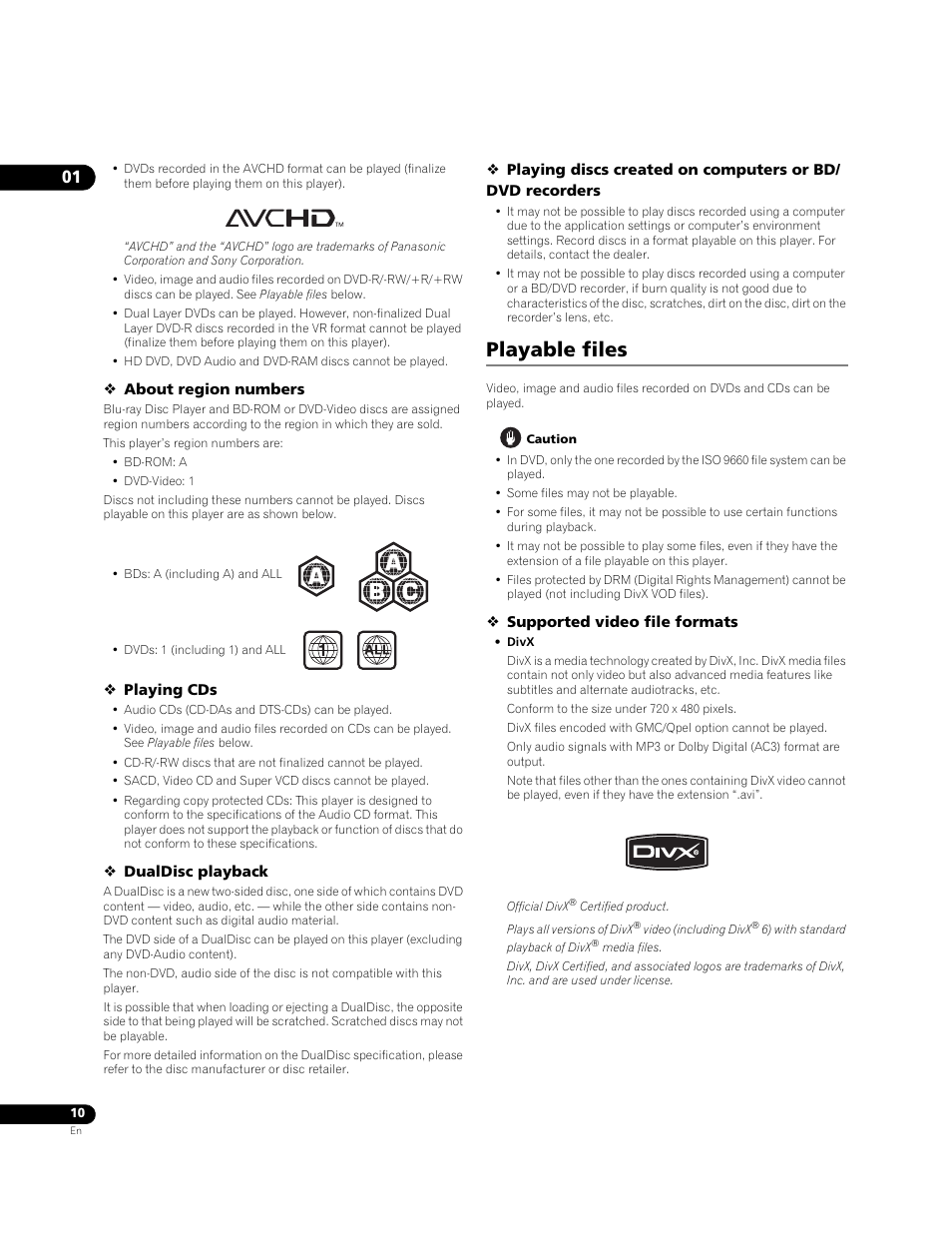 Playable files | Pioneer BONUSVIEW BDP-09FD User Manual | Page 10 / 74