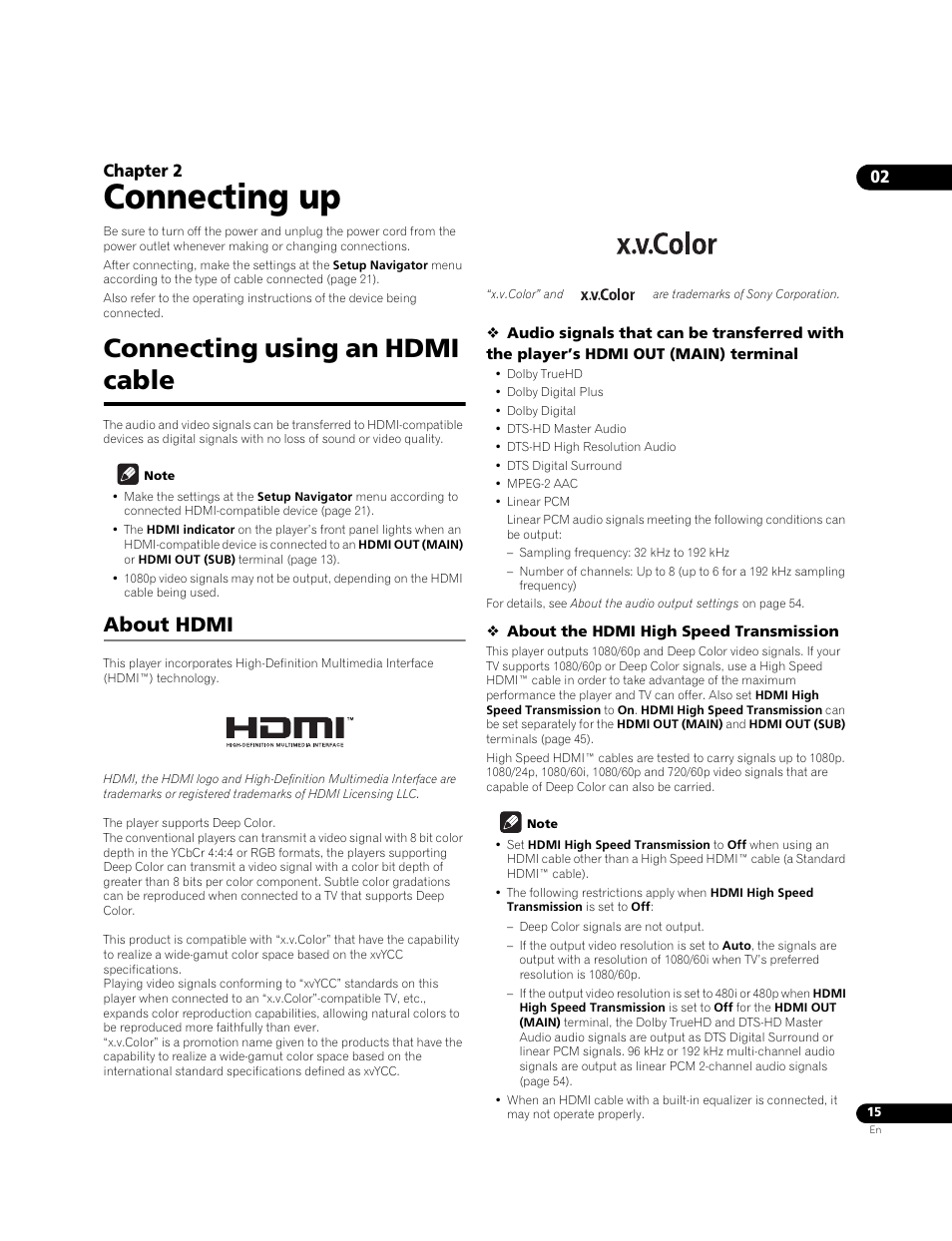 Connecting using an hdmi cable, About hdmi, Connecting up | 02 chapter 2 | Pioneer BONUSVIEW BDP-09FD User Manual | Page 15 / 74