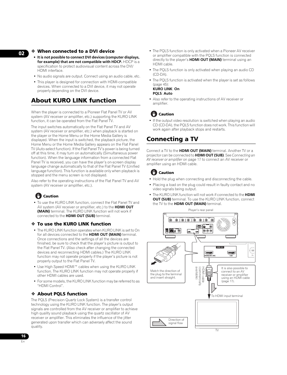 About kuro link function connecting a tv, About kuro link function, Connecting a tv | When connected to a dvi device, About pqls function | Pioneer BONUSVIEW BDP-09FD User Manual | Page 16 / 74