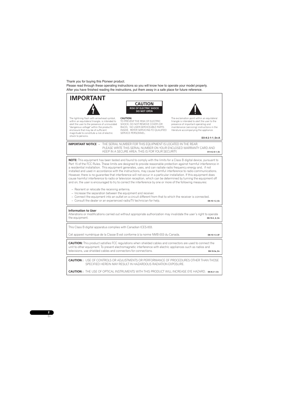 Important, Caution | Pioneer BONUSVIEW BDP-09FD User Manual | Page 2 / 74