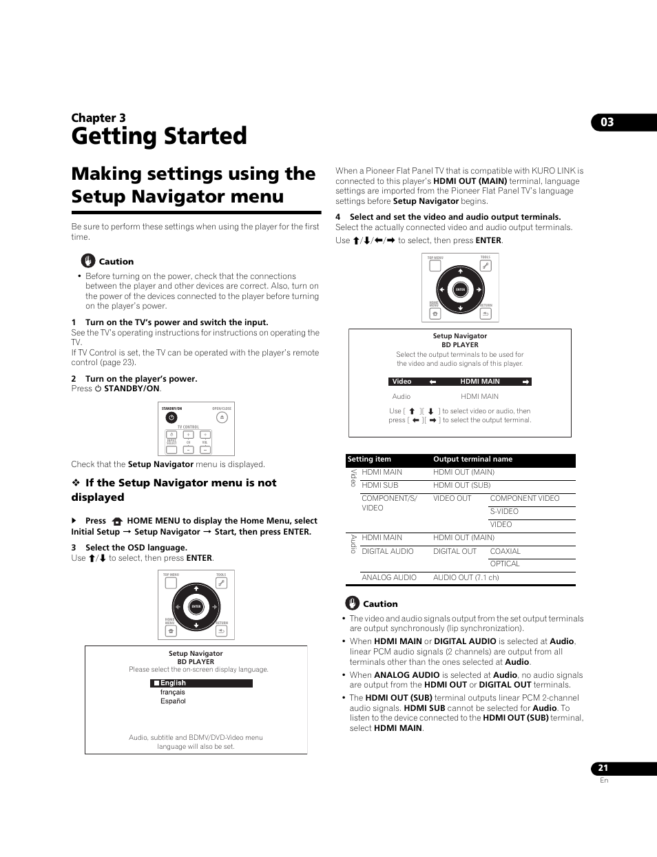 Making settings using the setup navigator menu, Getting started, 03 chapter 3 | If the setup navigator menu is not displayed | Pioneer BONUSVIEW BDP-09FD User Manual | Page 21 / 74