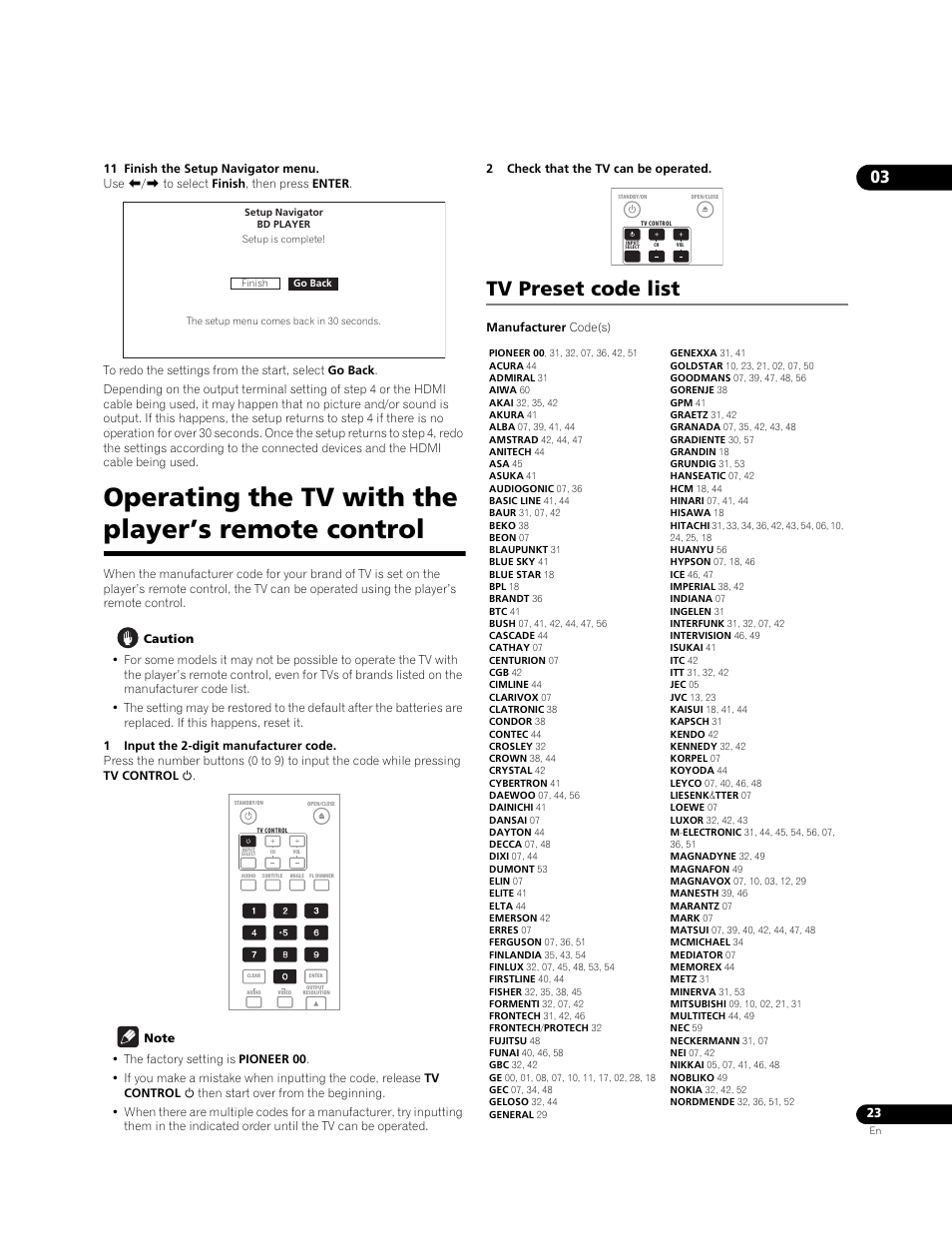 Operating the tv with the player’s remote control, Tv preset code list | Pioneer BONUSVIEW BDP-09FD User Manual | Page 23 / 74