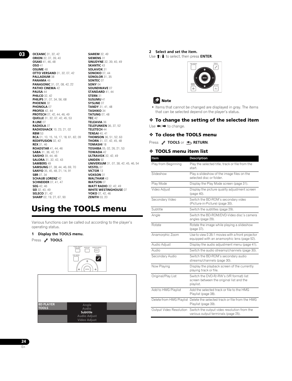 Using the tools menu, Tools menu item list | Pioneer BONUSVIEW BDP-09FD User Manual | Page 24 / 74