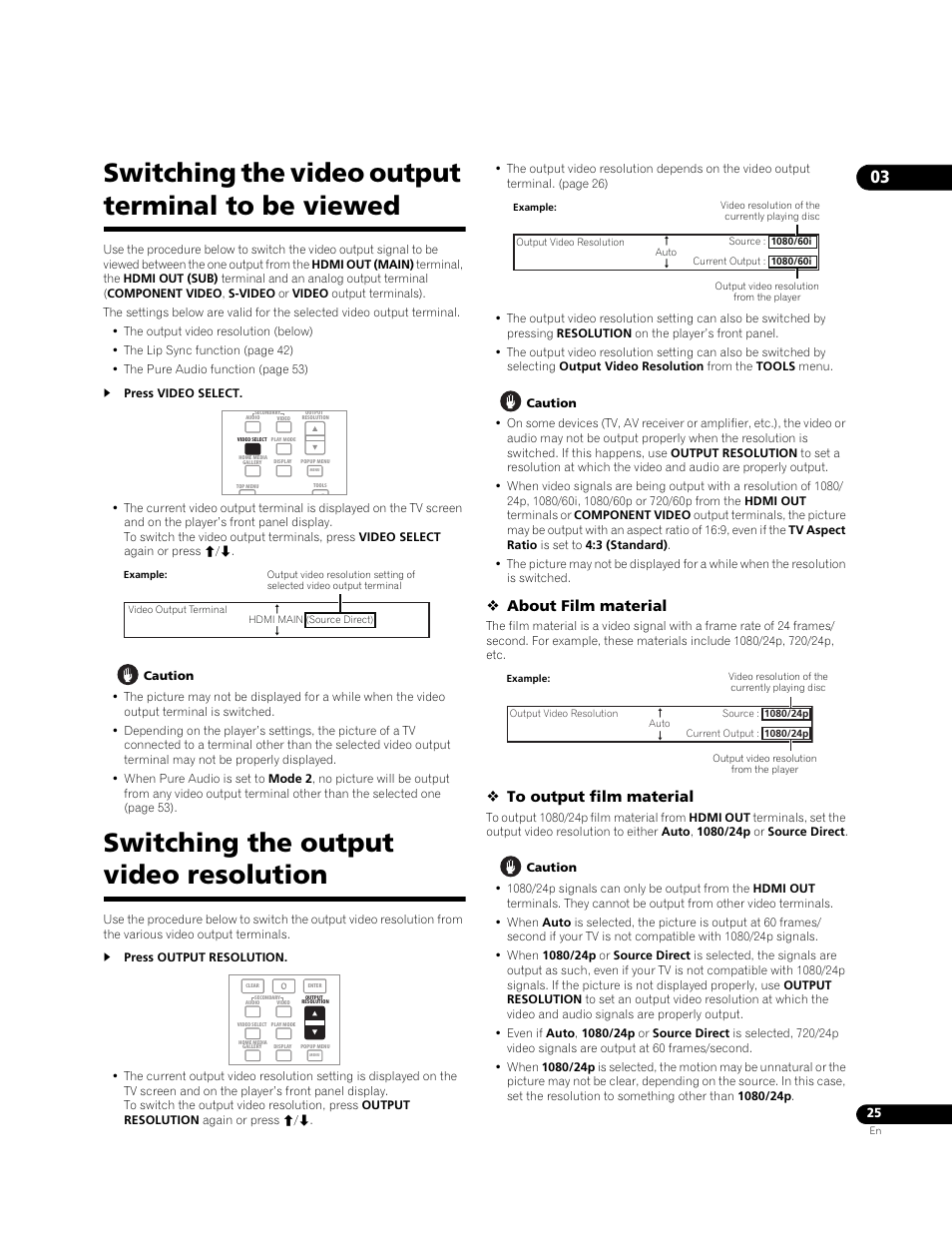Switching the video output terminal to be viewed, Switching the output video resolution, About film material | Pioneer BONUSVIEW BDP-09FD User Manual | Page 25 / 74