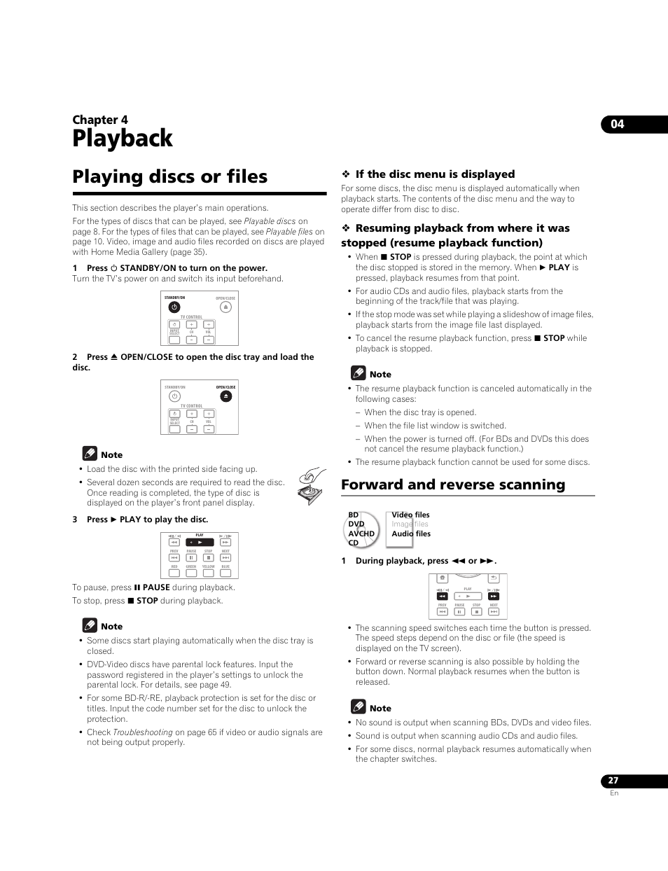 Playing discs or files, Forward and reverse scanning, Playback | 04 chapter 4, If the disc menu is displayed | Pioneer BONUSVIEW BDP-09FD User Manual | Page 27 / 74