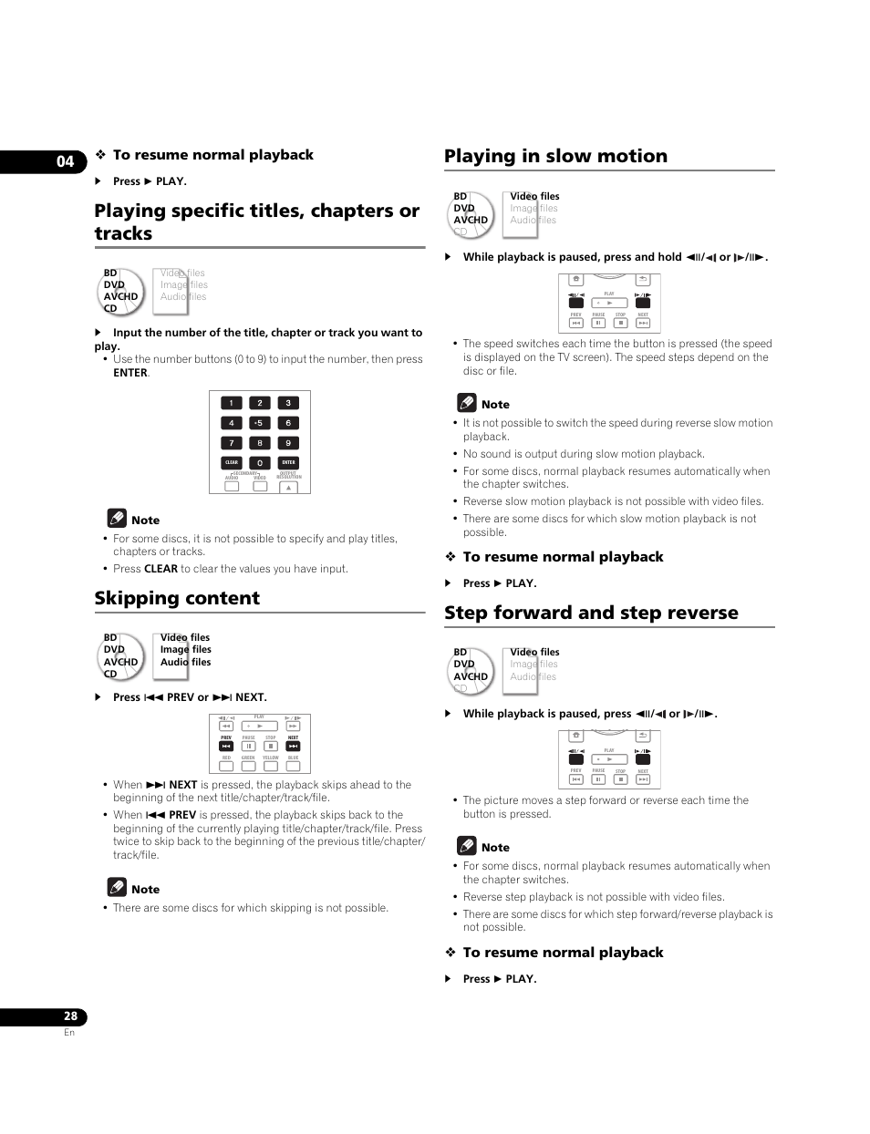 Playing specific titles, chapters or tracks, Skipping content, Playing in slow motion | Step forward and step reverse | Pioneer BONUSVIEW BDP-09FD User Manual | Page 28 / 74