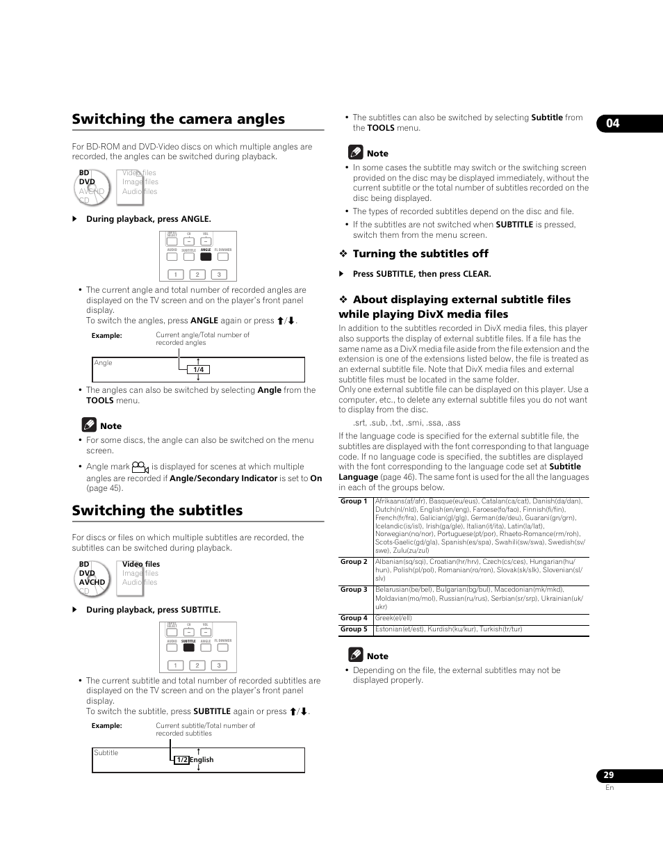 Switching the camera angles, Switching the subtitles, Turning the subtitles off | Pioneer BONUSVIEW BDP-09FD User Manual | Page 29 / 74