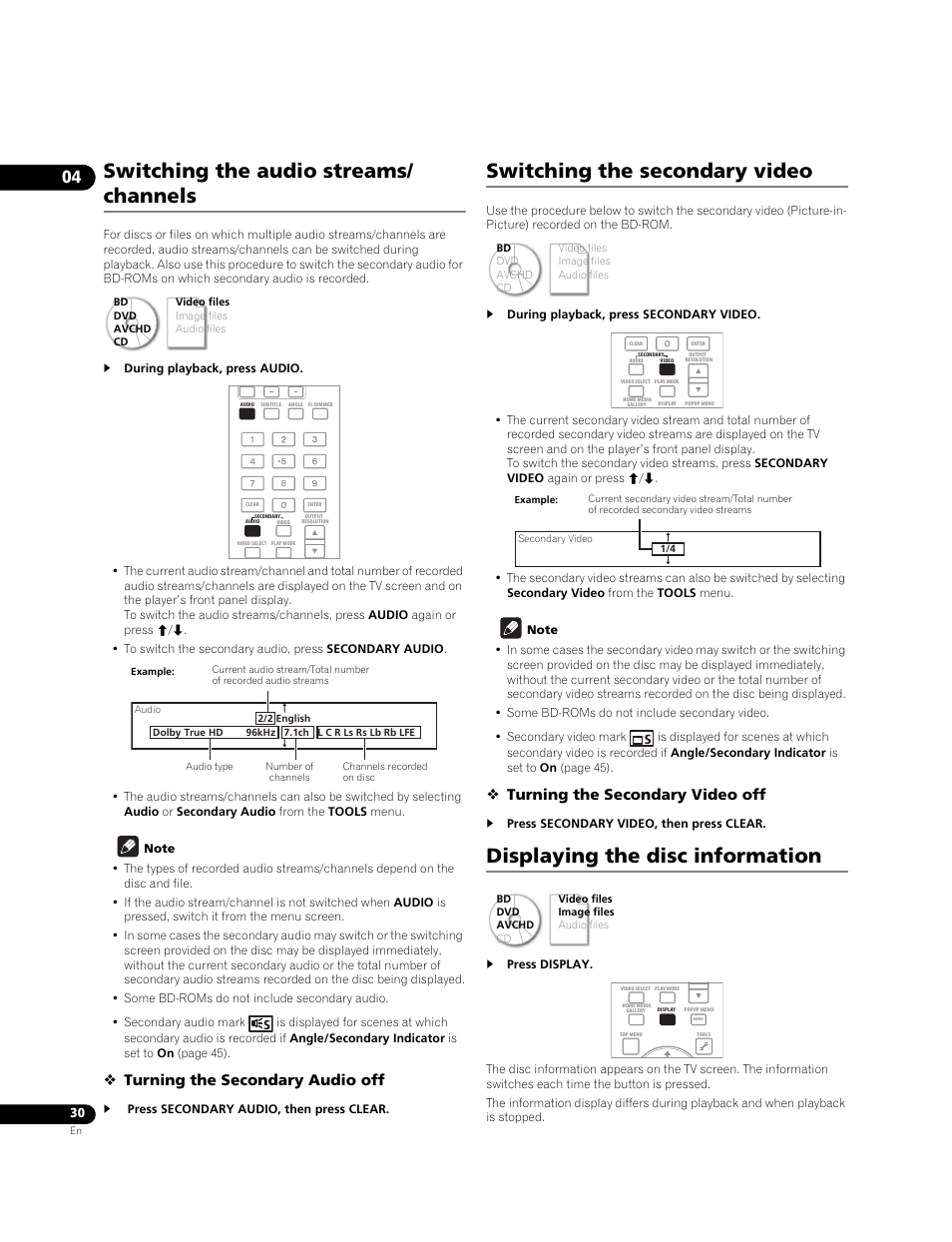 Switching the audio streams/ channels, Switching the secondary video, Displaying the disc information | Turning the secondary audio off, Turning the secondary video off | Pioneer BONUSVIEW BDP-09FD User Manual | Page 30 / 74