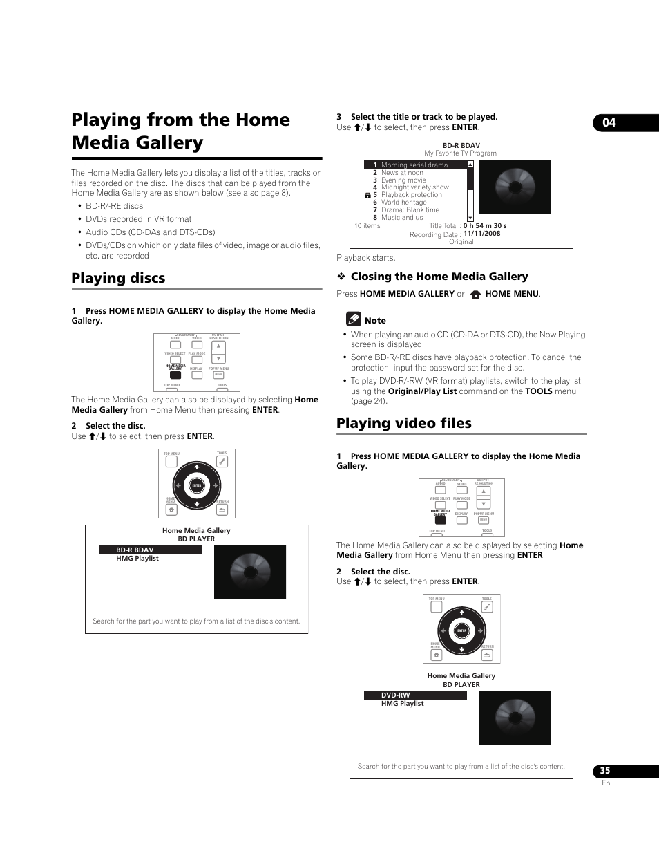 Playing from the home media gallery, Playing discs playing video files, Playing discs | Playing video files, Closing the home media gallery | Pioneer BONUSVIEW BDP-09FD User Manual | Page 35 / 74