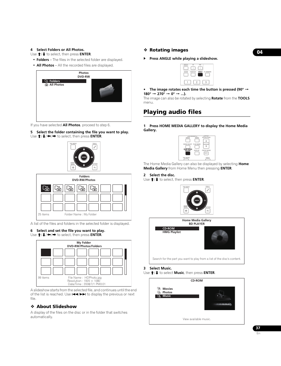 Playing audio files, About slideshow, Rotating images | Pioneer BONUSVIEW BDP-09FD User Manual | Page 37 / 74