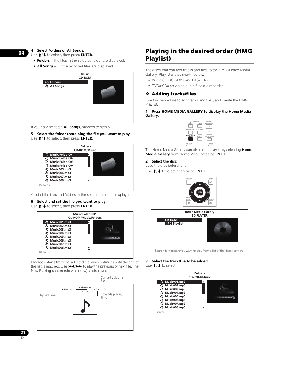 Playing in the desired order (hmg playlist), Adding tracks/files | Pioneer BONUSVIEW BDP-09FD User Manual | Page 38 / 74