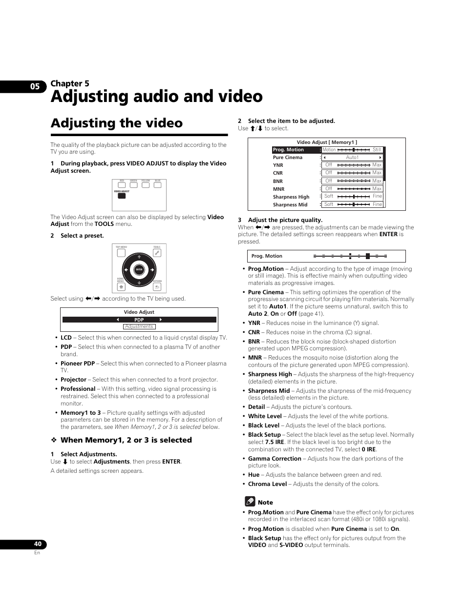 Adjusting the video, Adjusting audio and video, Chapter 5 | Pioneer BONUSVIEW BDP-09FD User Manual | Page 40 / 74