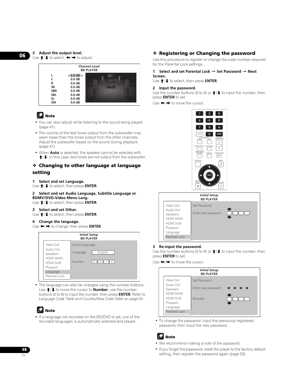 Changing to other language at language setting, Registering or changing the password | Pioneer BONUSVIEW BDP-09FD User Manual | Page 48 / 74