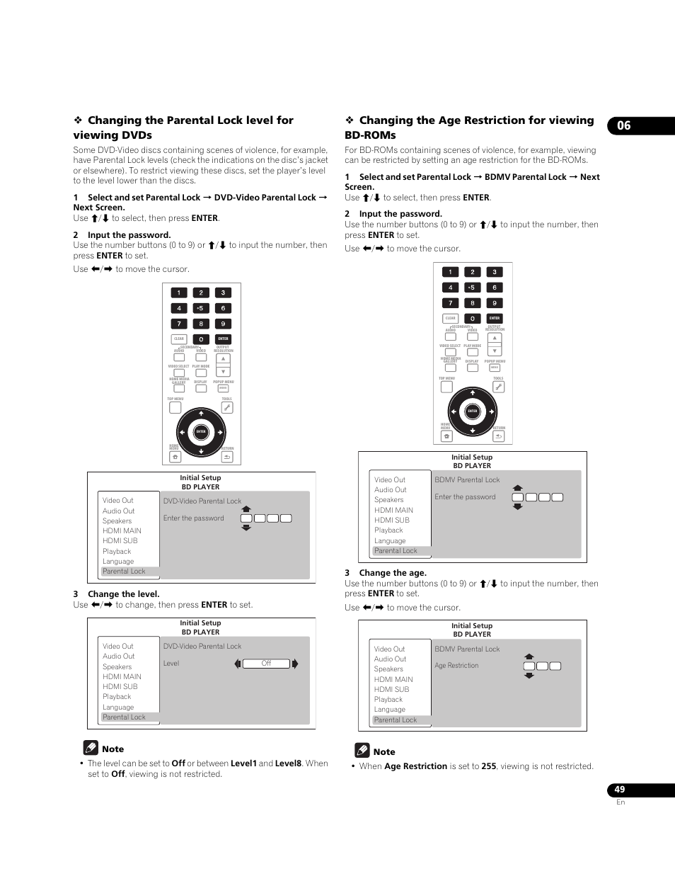 Changing the parental lock level for viewing dvds, Changing the age restriction for viewing bd-roms | Pioneer BONUSVIEW BDP-09FD User Manual | Page 49 / 74