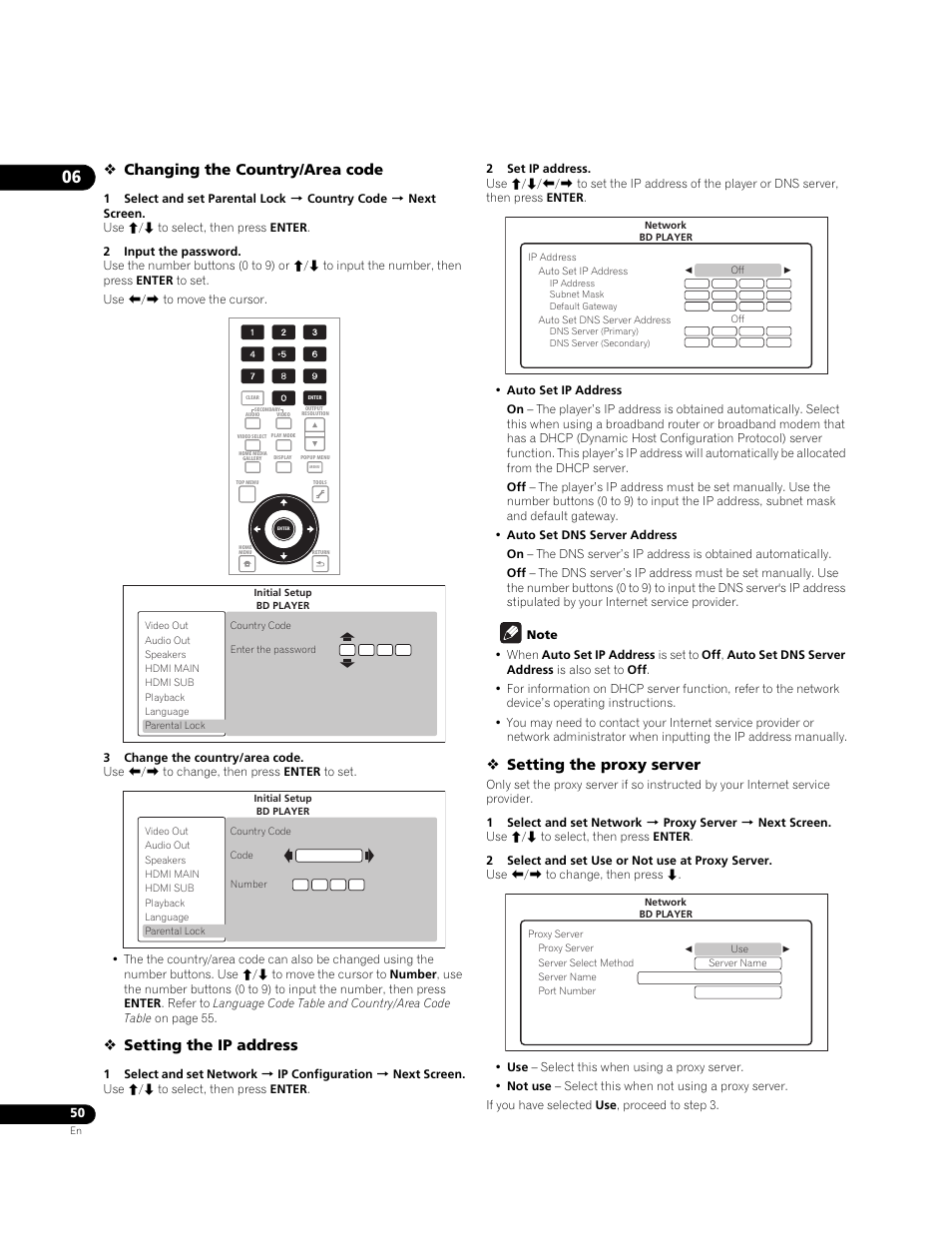 Changing the country/area code, Setting the ip address, Setting the proxy server | Pioneer BONUSVIEW BDP-09FD User Manual | Page 50 / 74