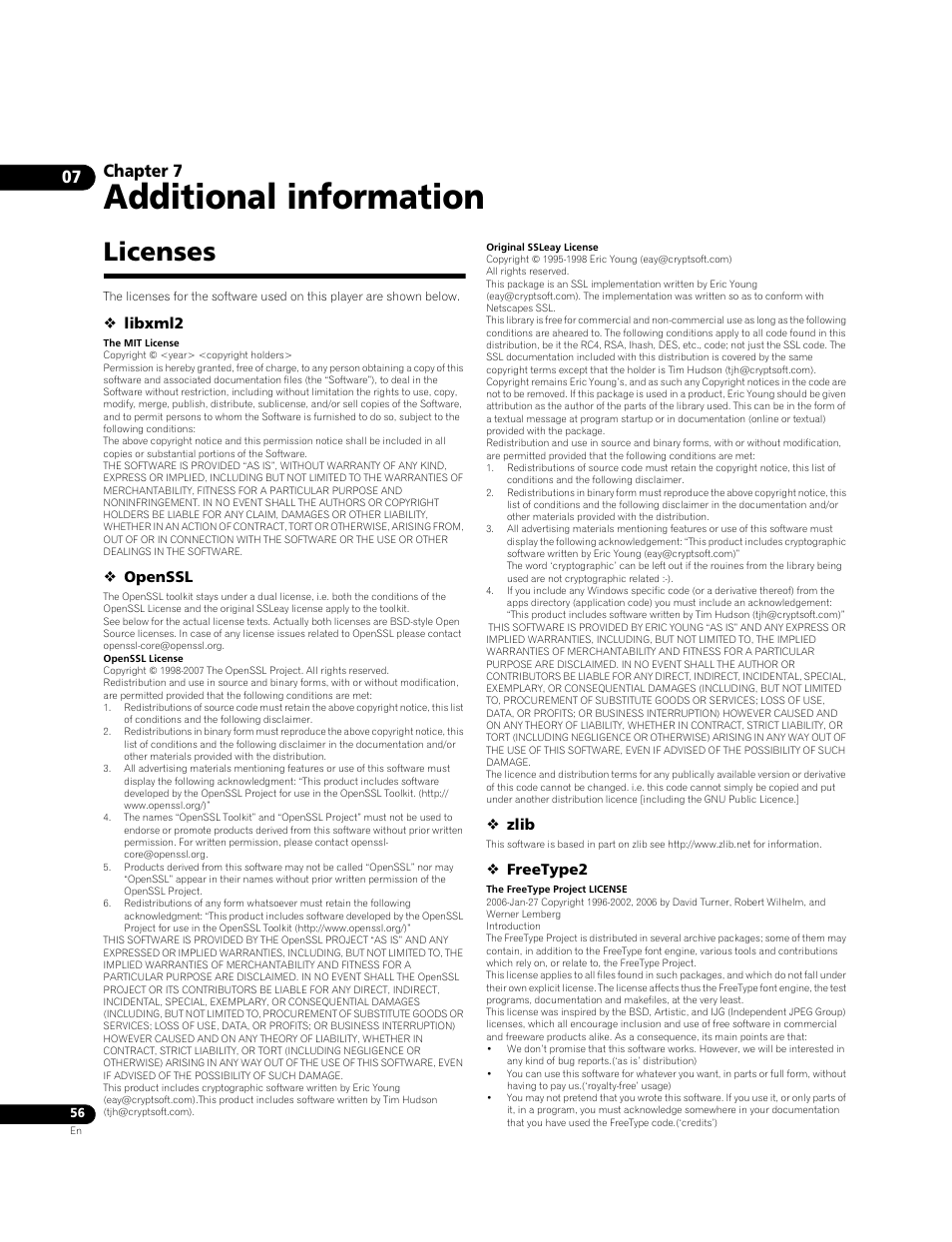 Licenses, Additional information, Chapter 7 | Pioneer BONUSVIEW BDP-09FD User Manual | Page 56 / 74