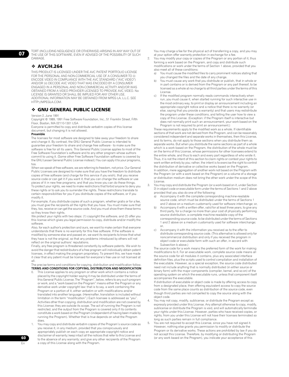 Avc/h.264, Gnu general public license | Pioneer BONUSVIEW BDP-09FD User Manual | Page 60 / 74