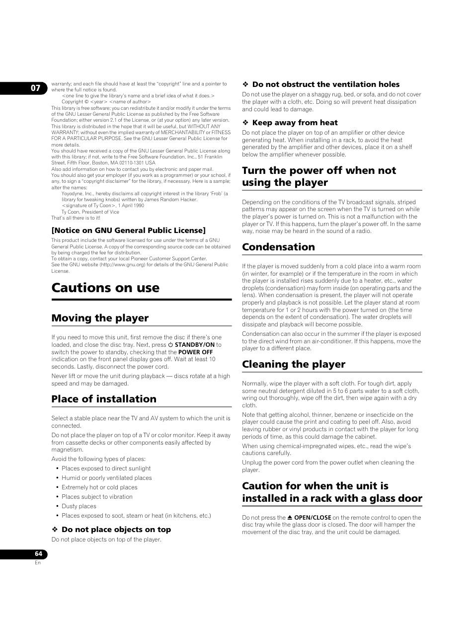 Cautions on use, Moving the player, Place of installation | Turn the power off when not using the player, Condensation, Cleaning the player | Pioneer BONUSVIEW BDP-09FD User Manual | Page 64 / 74