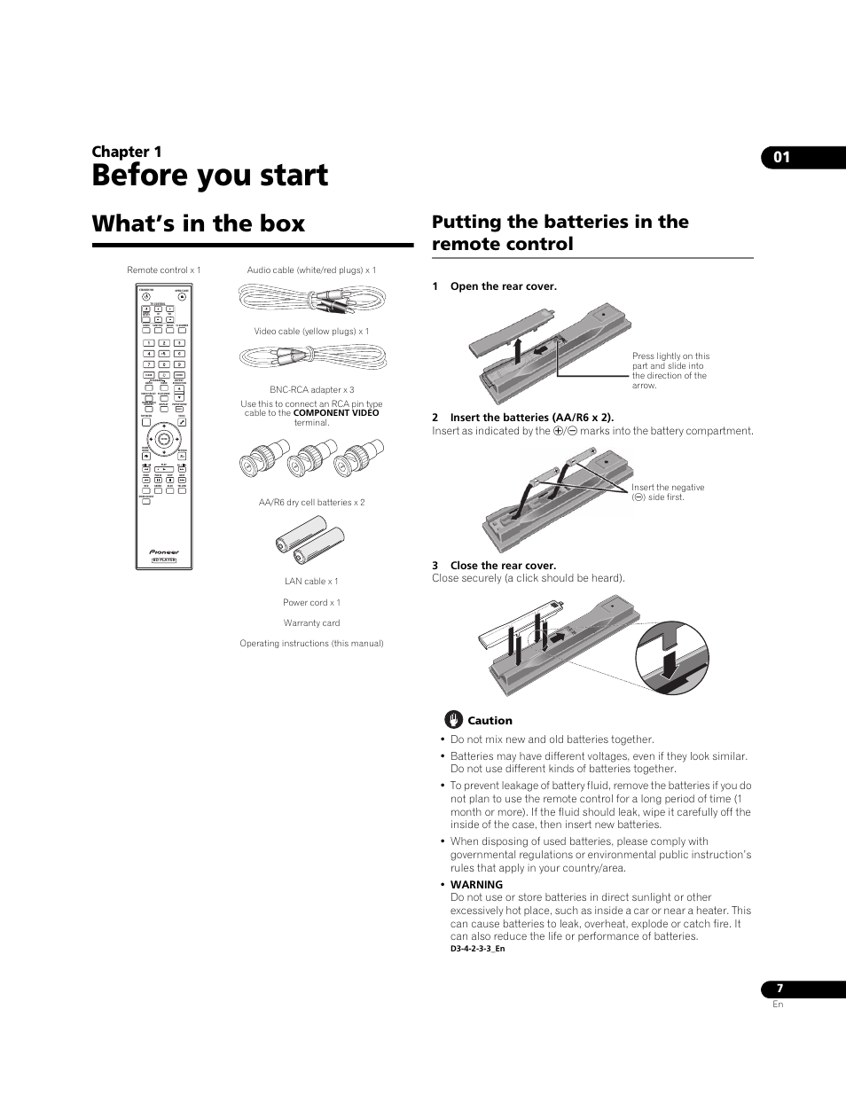 What’s in the box, Putting the batteries in the remote control, Before you start | 01 chapter 1 | Pioneer BONUSVIEW BDP-09FD User Manual | Page 7 / 74