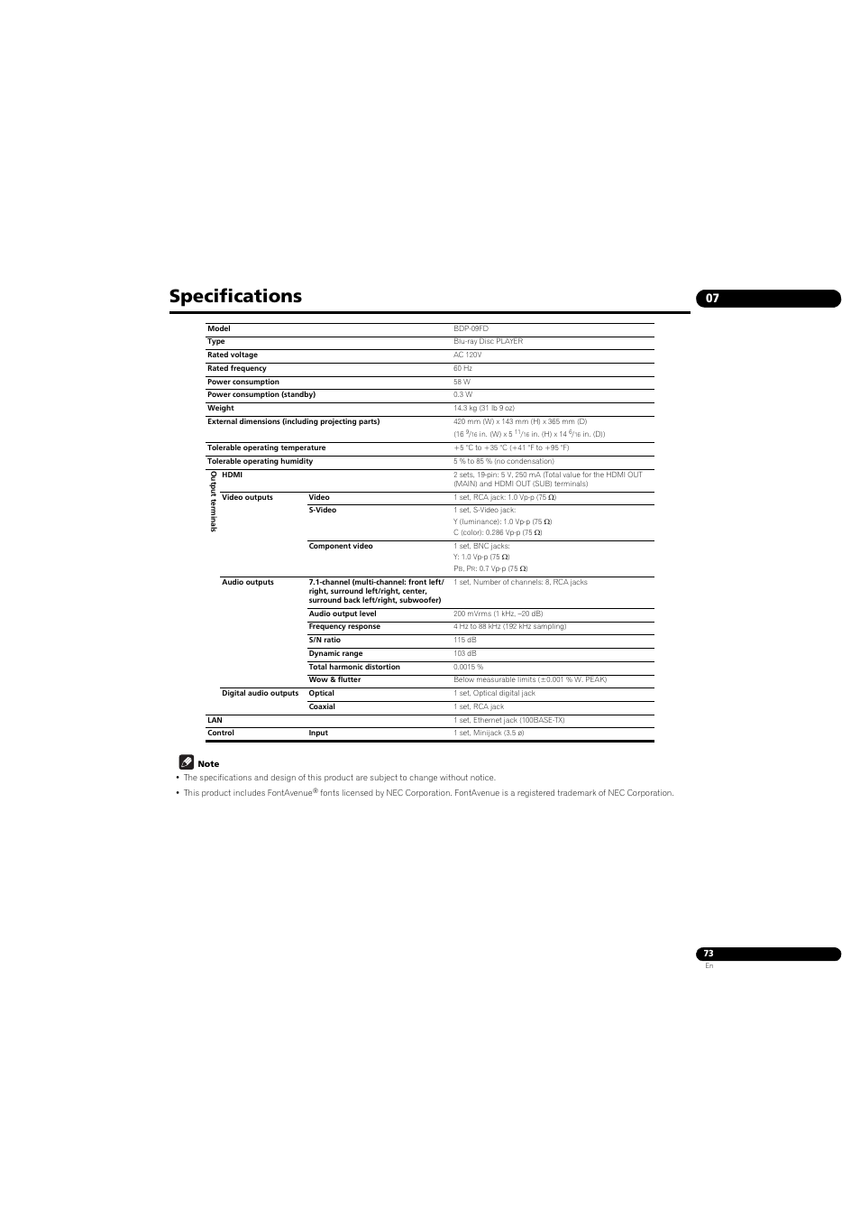 Specifications | Pioneer BONUSVIEW BDP-09FD User Manual | Page 73 / 74