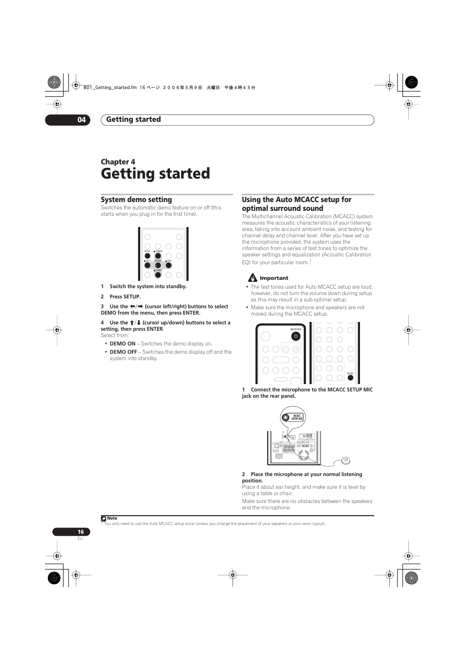 04 getting started, System demo setting, Getting started | Getting started 04, Chapter 4 | Pioneer S-X360 User Manual | Page 16 / 35