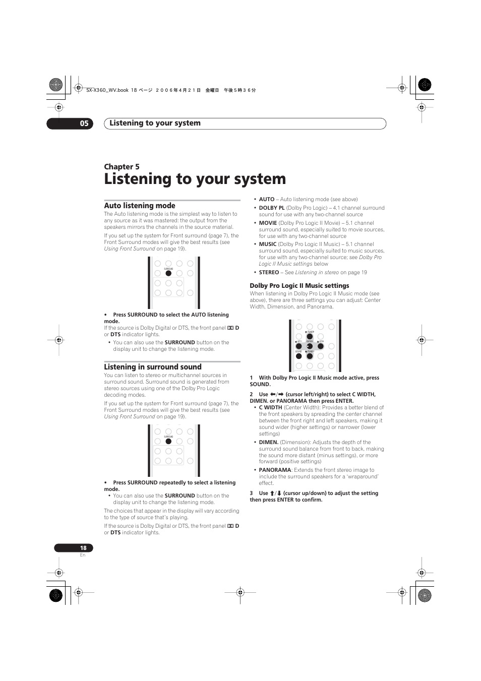05 listening to your system, Auto listening mode, Listening in surround sound | Dolby pro logic ii music settings, Listening to your system, Listening to your system 05, Chapter 5 | Pioneer S-X360 User Manual | Page 18 / 35