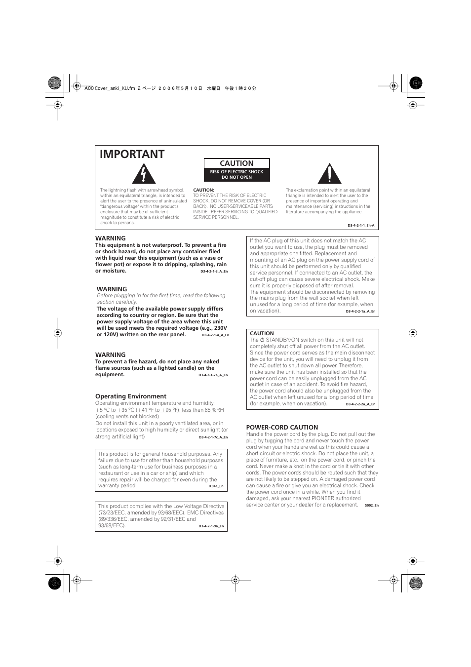 Important, Caution | Pioneer S-X360 User Manual | Page 2 / 35