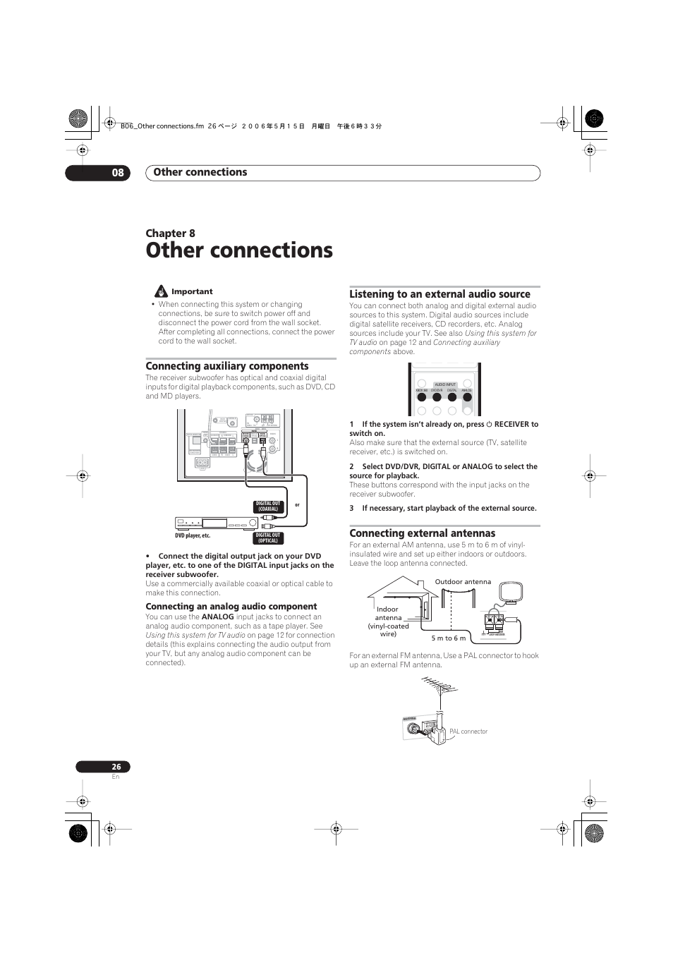 08 other connections, Connecting auxiliary components, Connecting an analog audio component | Listening to an external audio source, Connecting external antennas, Other connections, Other connections 08, Chapter 8 | Pioneer S-X360 User Manual | Page 26 / 35