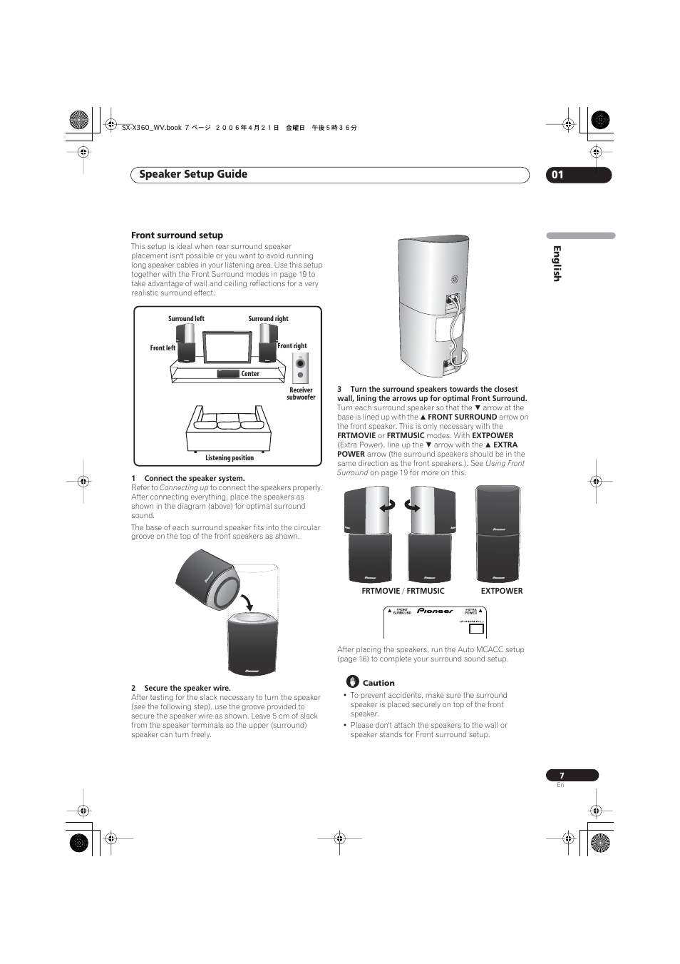 Front surround setup, Speaker setup guide 01 | Pioneer S-X360 User Manual | Page 7 / 35