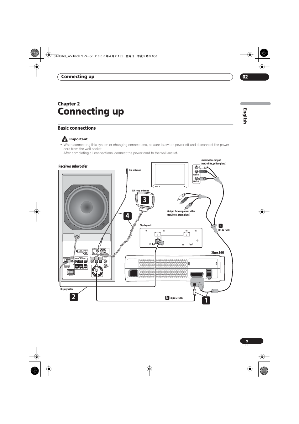 02 connecting up, Basic connections, Connecting up | Connecting up 02, Chapter 2, English, Receiver subwoofer, Xbox360 | Pioneer S-X360 User Manual | Page 9 / 35