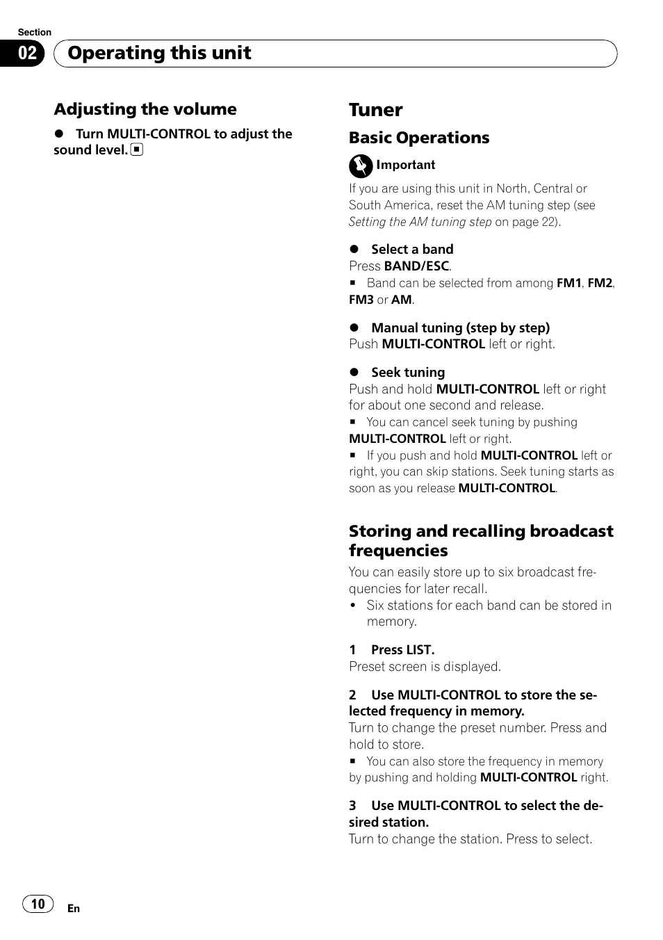 Adjusting the volume 10, Tuner, Basic operations 10 | Storing and recalling broadcast, Frequencies, Operating this unit | Pioneer DEH-3050UB User Manual | Page 10 / 93