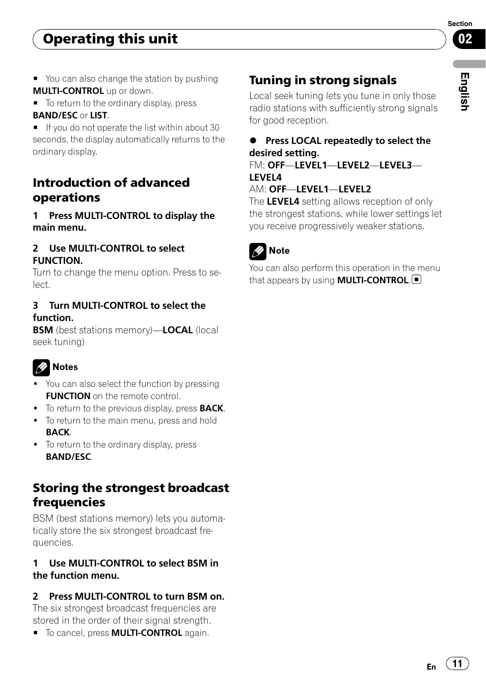 Introduction of advanced, Operations, Storing the strongest broadcast | Frequencies, Tuning in strong signals 11, Operating this unit, Introduction of advanced operations, Storing the strongest broadcast frequencies, Tuning in strong signals | Pioneer DEH-3050UB User Manual | Page 11 / 93