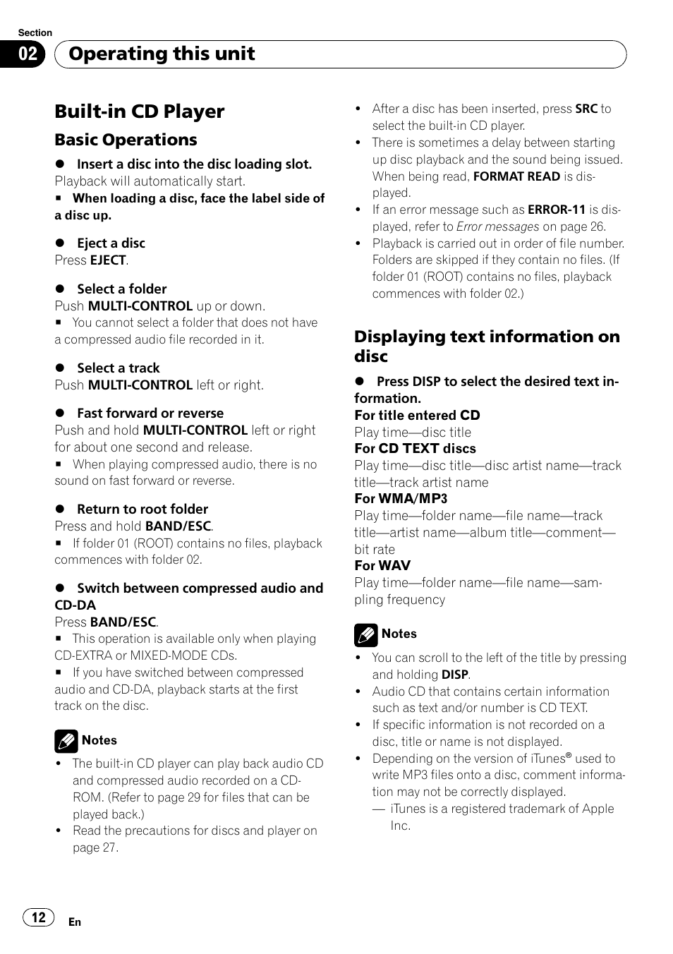 Built-in cd player, Basic operations 12, Displaying text information on disc 12 | Operating this unit, Basic operations, Displaying text information on disc | Pioneer DEH-3050UB User Manual | Page 12 / 93