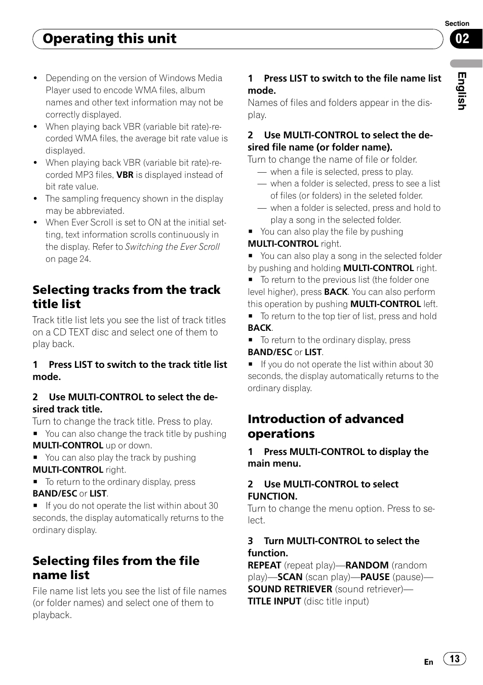 Selecting tracks from the track title, List, Selecting files from the file name | Introduction of advanced, Operations, Operating this unit, Selecting tracks from the track title list, Selecting files from the file name list, Introduction of advanced operations | Pioneer DEH-3050UB User Manual | Page 13 / 93