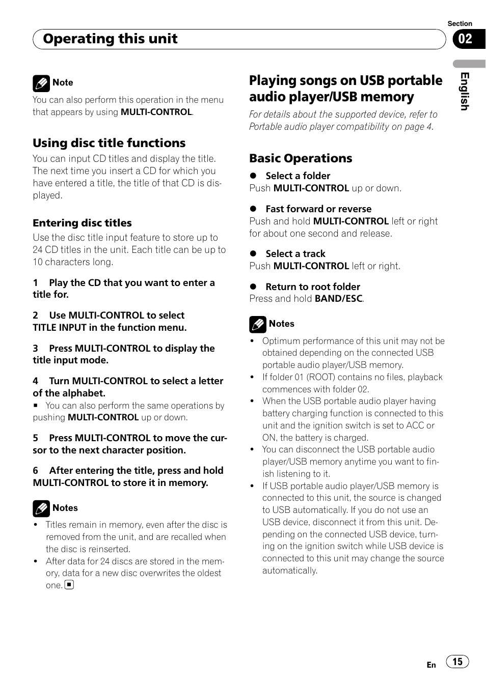 Using disc title functions 15, Playing songs on usb portable audio player, Usb memory | Basic operations 15, Operating this unit, Using disc title functions, Basic operations | Pioneer DEH-3050UB User Manual | Page 15 / 93