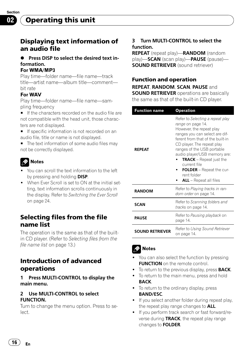 Displaying text information of an audio, File, Selecting files from the file name | List, Introduction of advanced, Operations, Operating this unit, Displaying text information of an audio file, Selecting files from the file name list, Introduction of advanced operations | Pioneer DEH-3050UB User Manual | Page 16 / 93