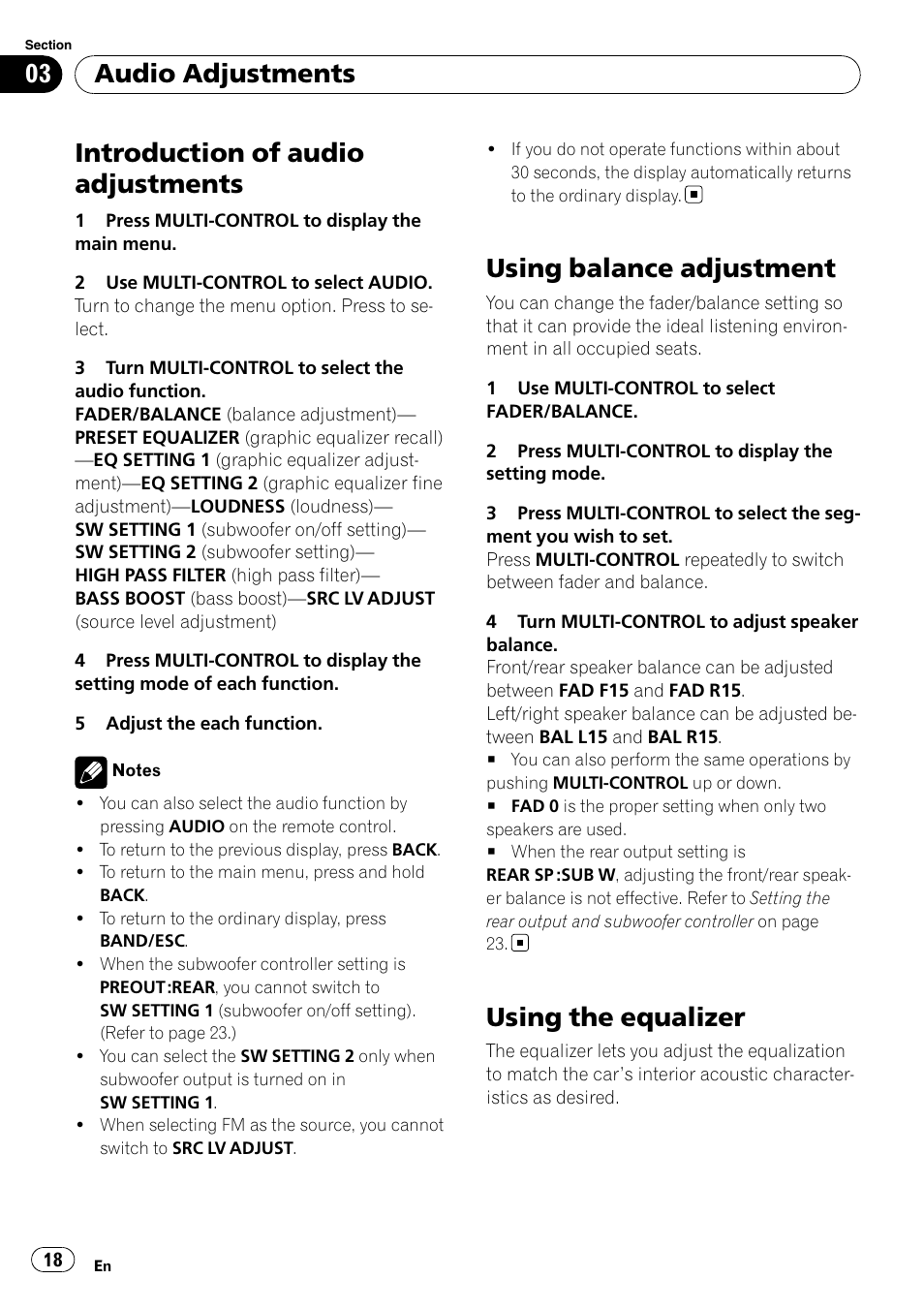 Using balance adjustment, Using the equalizer, Introduction of audio adjustments | Audio adjustments | Pioneer DEH-3050UB User Manual | Page 18 / 93