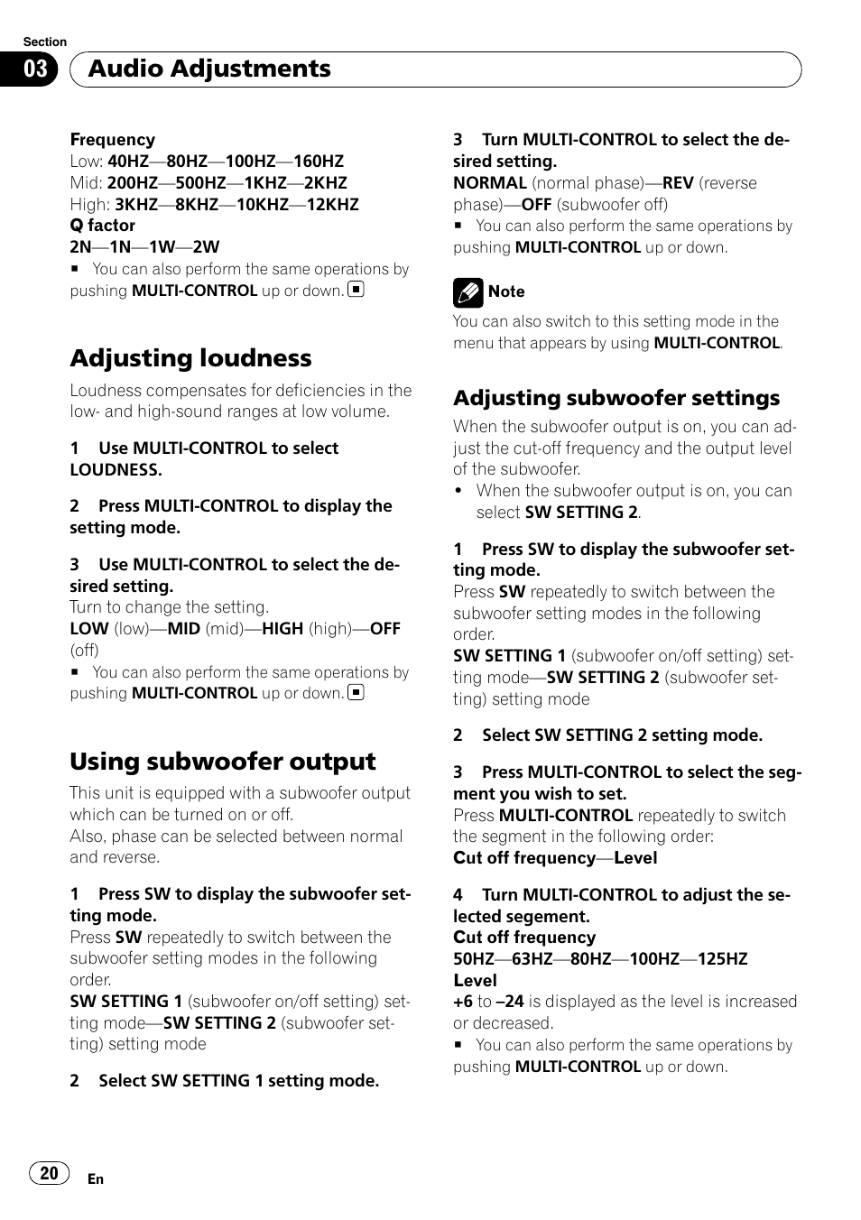 Adjusting loudness, Using subwoofer output, Adjusting subwoofer settings 20 | Audio adjustments, Adjusting subwoofer settings | Pioneer DEH-3050UB User Manual | Page 20 / 93