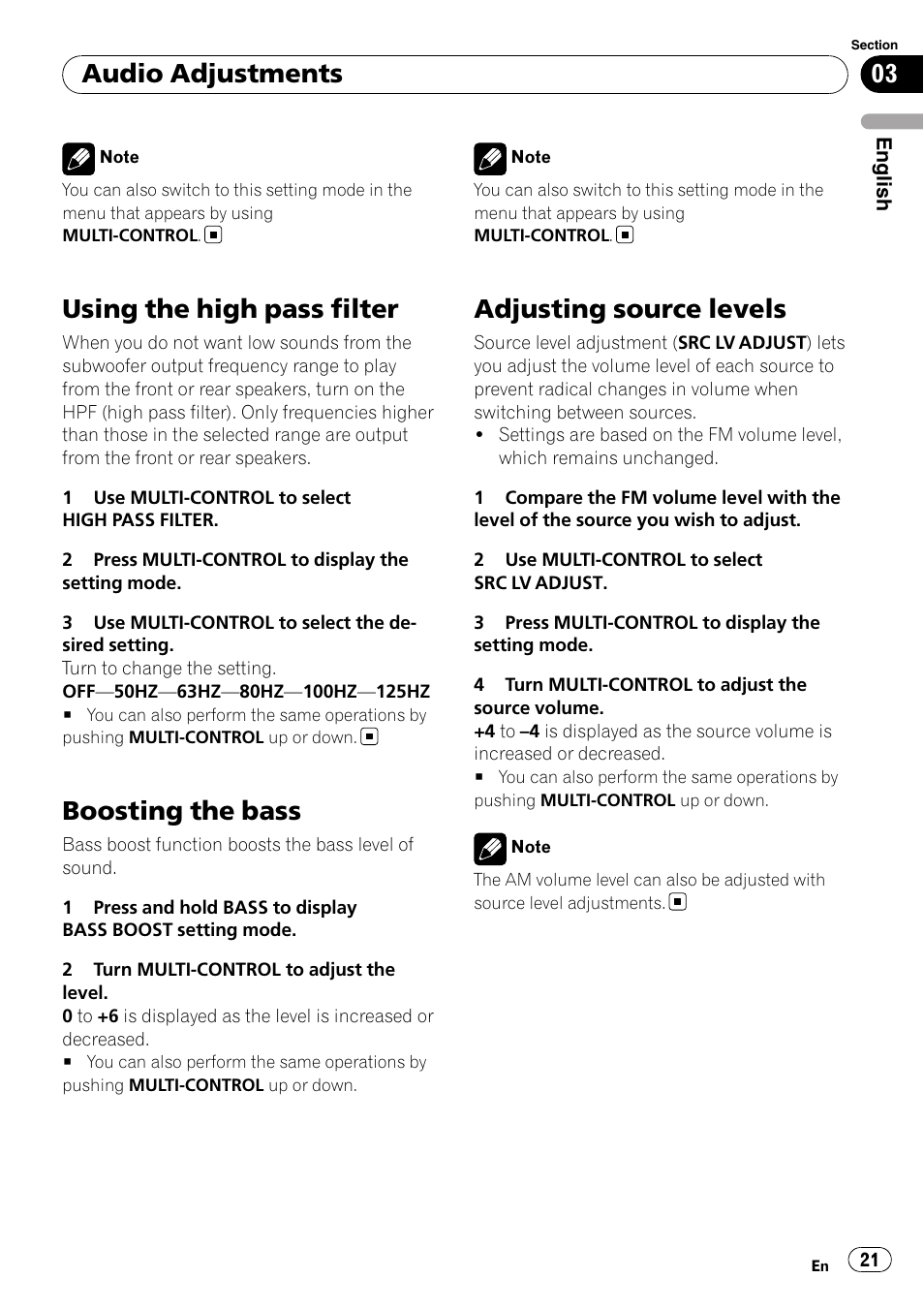 Using the high pass filter, Boosting the bass, Adjusting source levels | Audio adjustments | Pioneer DEH-3050UB User Manual | Page 21 / 93