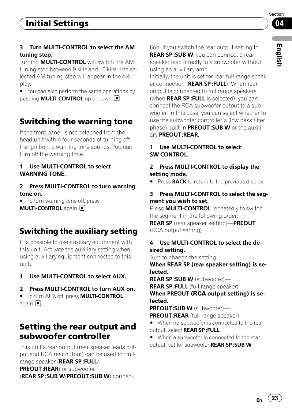 Switching the warning tone, Switching the auxiliary setting, Setting the rear output and subwoofer | Controller, Setting the rear output and subwoofer controller, Initial settings | Pioneer DEH-3050UB User Manual | Page 23 / 93