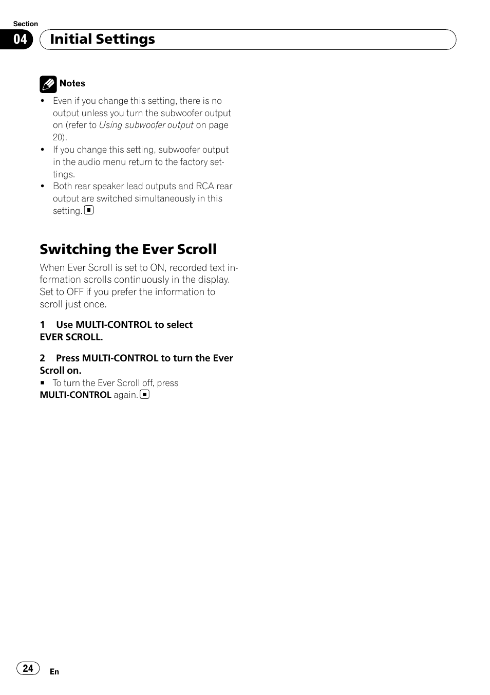 Switching the ever scroll, Initial settings | Pioneer DEH-3050UB User Manual | Page 24 / 93