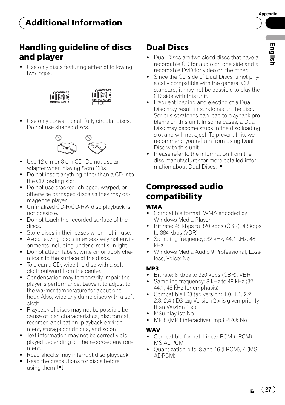 Handling guideline of discs and player, Dual discs, Compressed audio compatibility | Additional information | Pioneer DEH-3050UB User Manual | Page 27 / 93