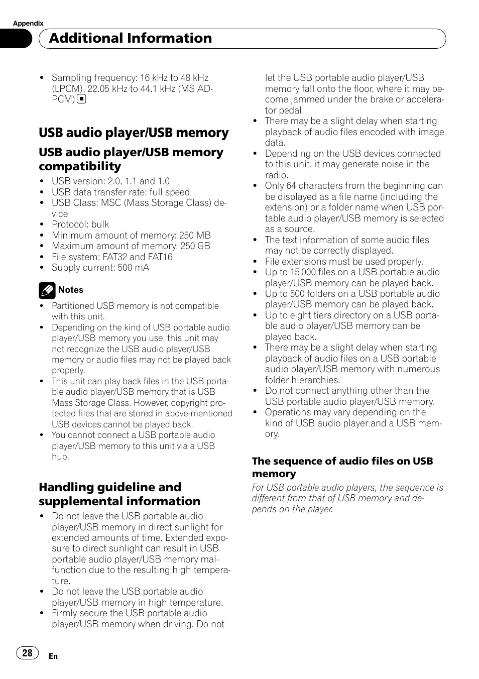 Usb audio player/usb memory, Compatibility, Handling guideline and supplemental | Information, Additional information, Handling guideline and supplemental information | Pioneer DEH-3050UB User Manual | Page 28 / 93